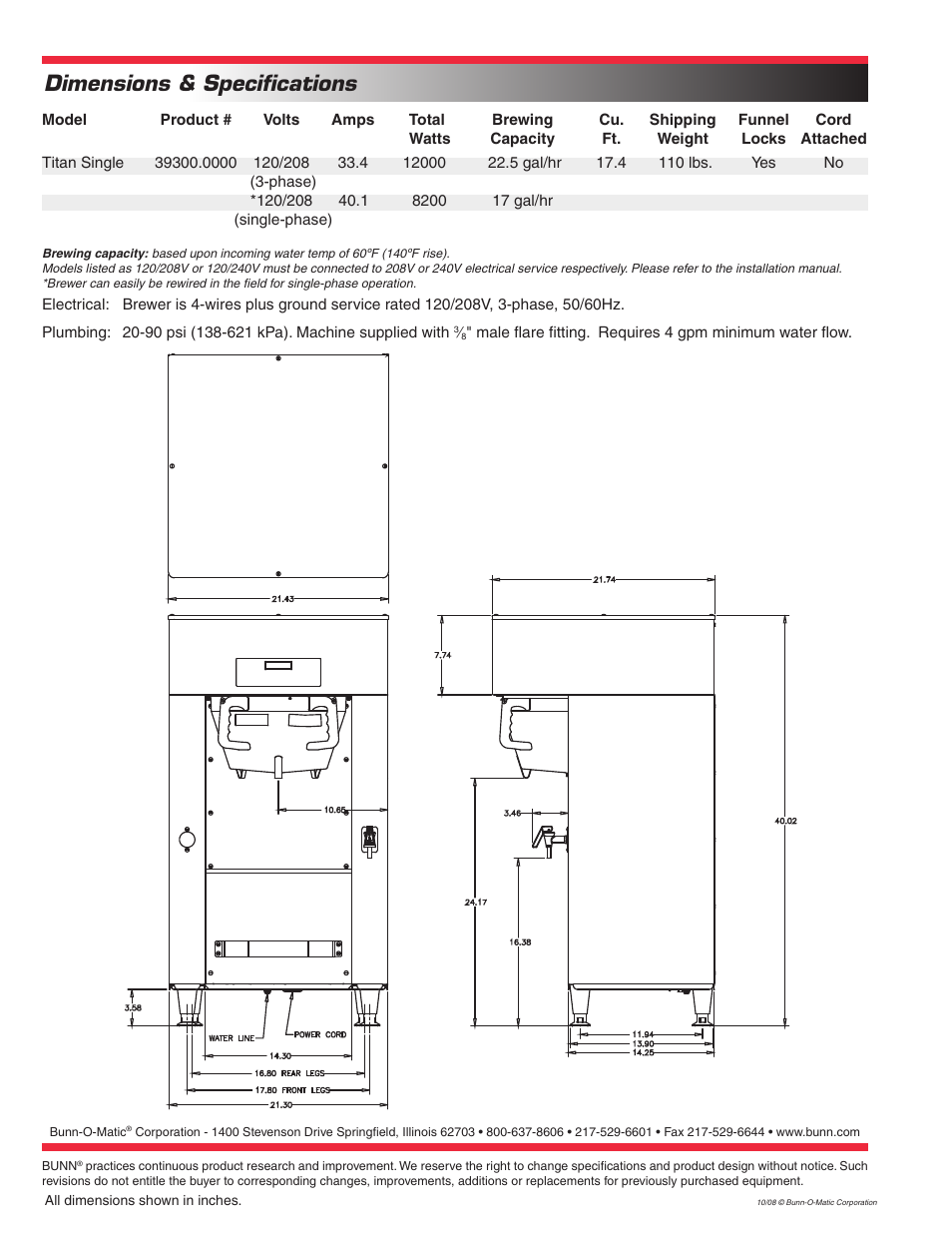 Dimensions & specifications | Bunn Titan Single Brewer User Manual | Page 2 / 2