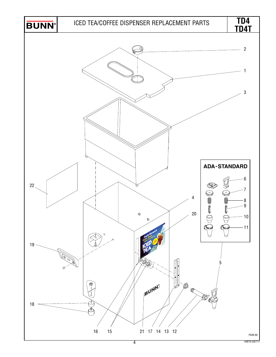 Td4 td4t, Iced tea/coffee dispenser replacement parts, Ada standard | Bunn TD4T User Manual | Page 4 / 7