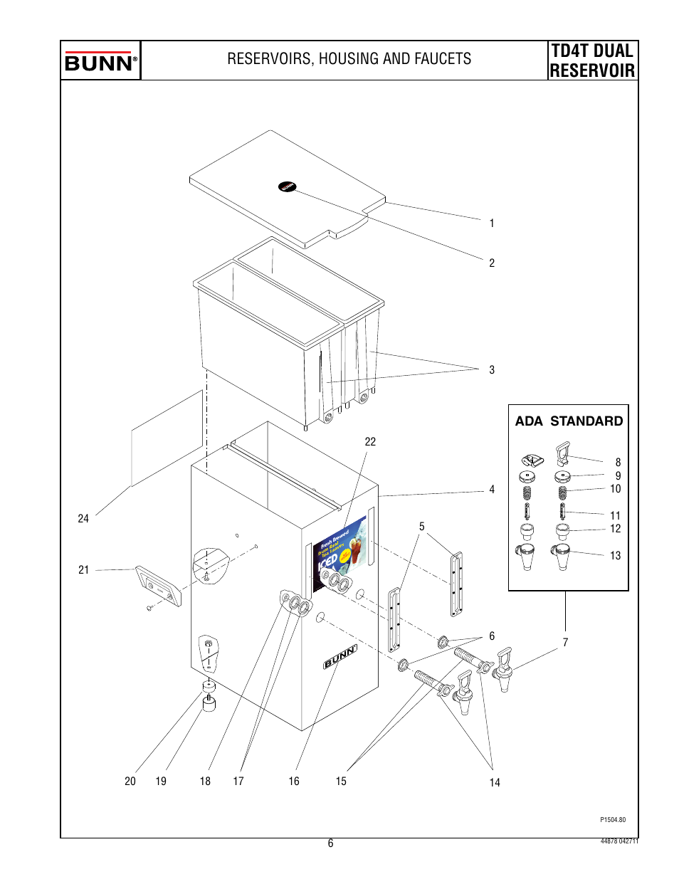 Td4t dual reservoir, Reservoirs, housing and faucets, Ada standard | Bunn TD4T User Manual | Page 6 / 7