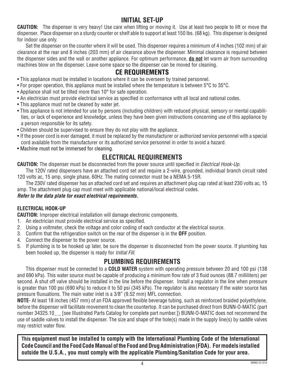 Plumbing requirements, Initial set-up, Electrical requirements | Ce requirements | Bunn SILVER SERIES JDF-4S User Manual | Page 4 / 28