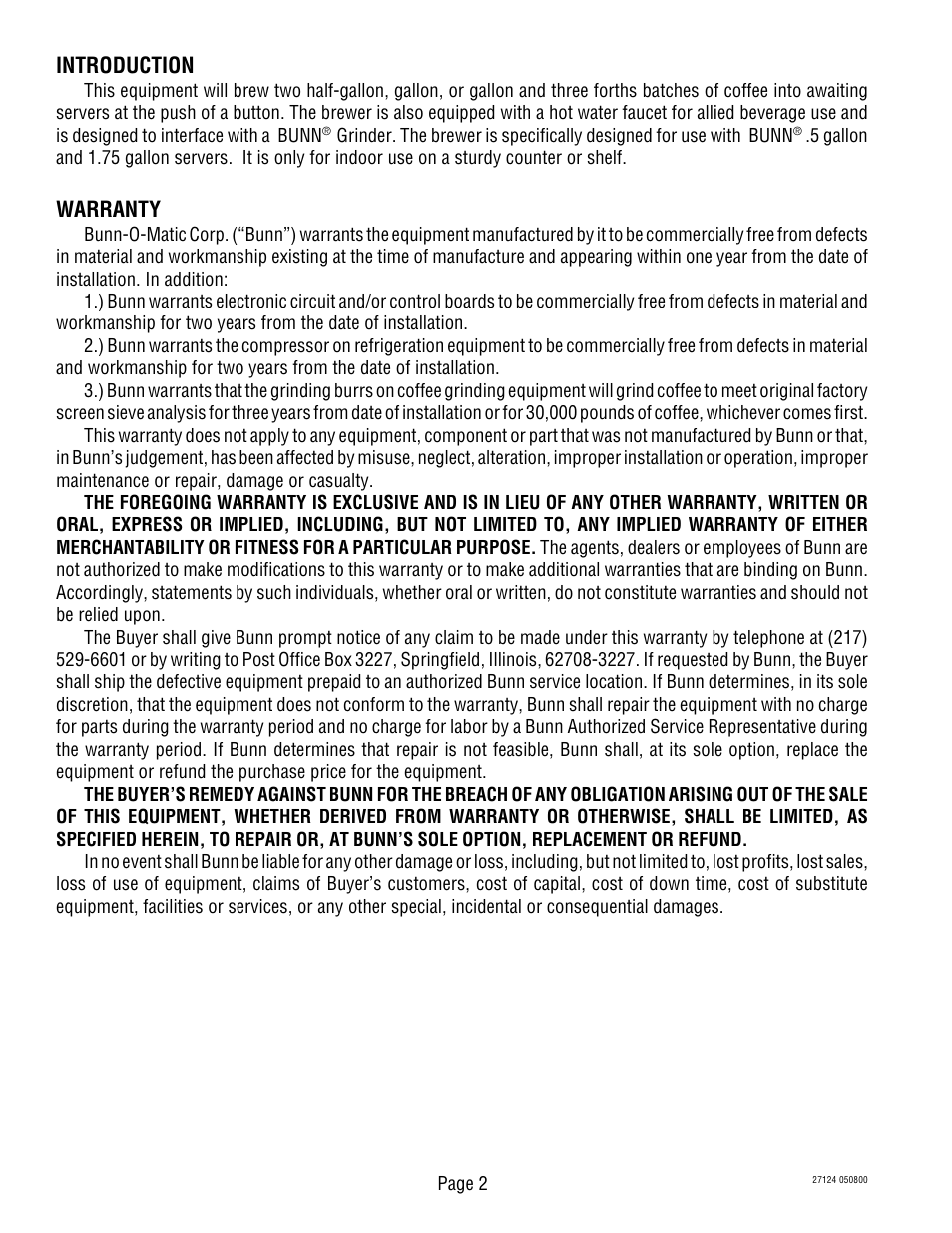 Introduction, Warranty | Bunn Dual TF User Manual | Page 2 / 47