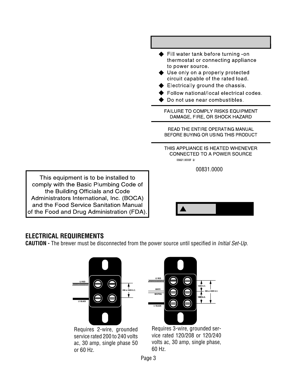 Electrical requirements, Initial set-up, Warning hot water | Bunn Dual TF User Manual | Page 3 / 47