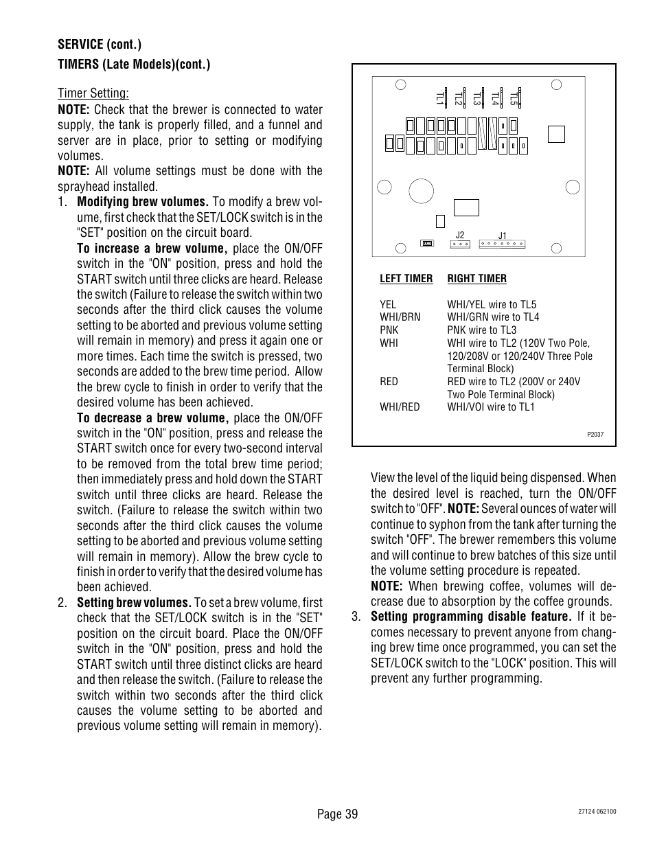 Page 39, Service (cont.) timers (late models)(cont.) | Bunn Dual TF User Manual | Page 39 / 47