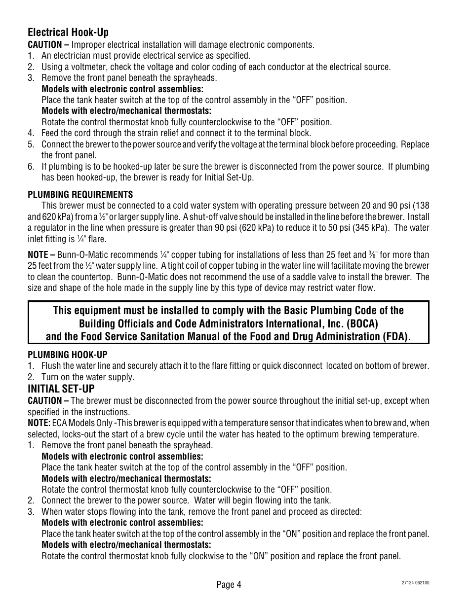 Electrical hook-up, Initial set-up | Bunn Dual TF User Manual | Page 4 / 47