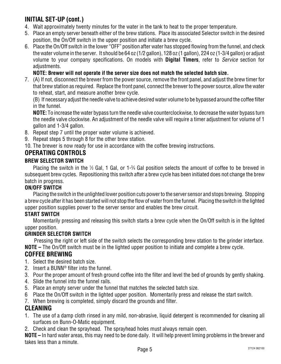 Initial set-up (cont.), Operating controls, Coffee brewing | Cleaning | Bunn Dual TF User Manual | Page 5 / 47