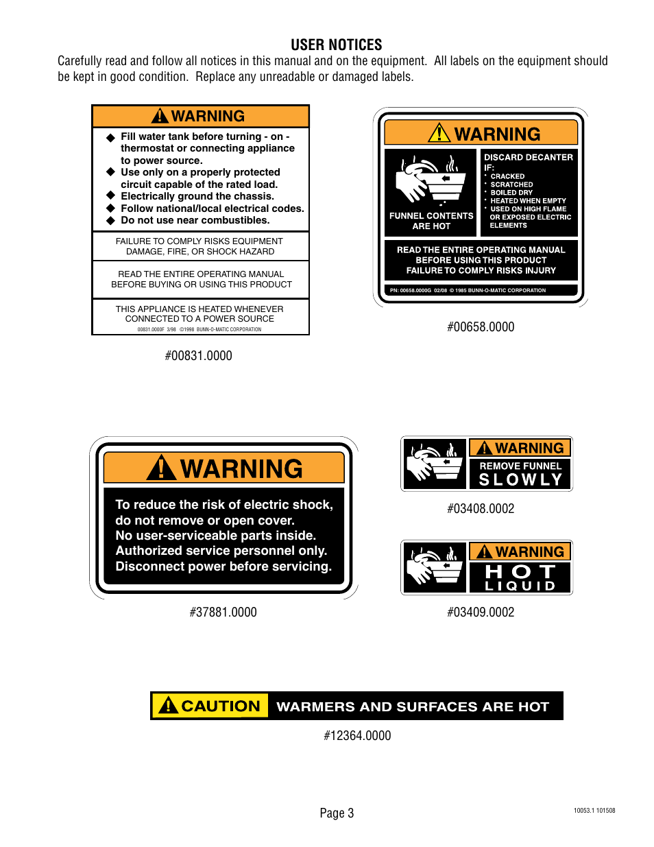 Warning, User notices | Bunn VPR VPS User Manual | Page 3 / 5