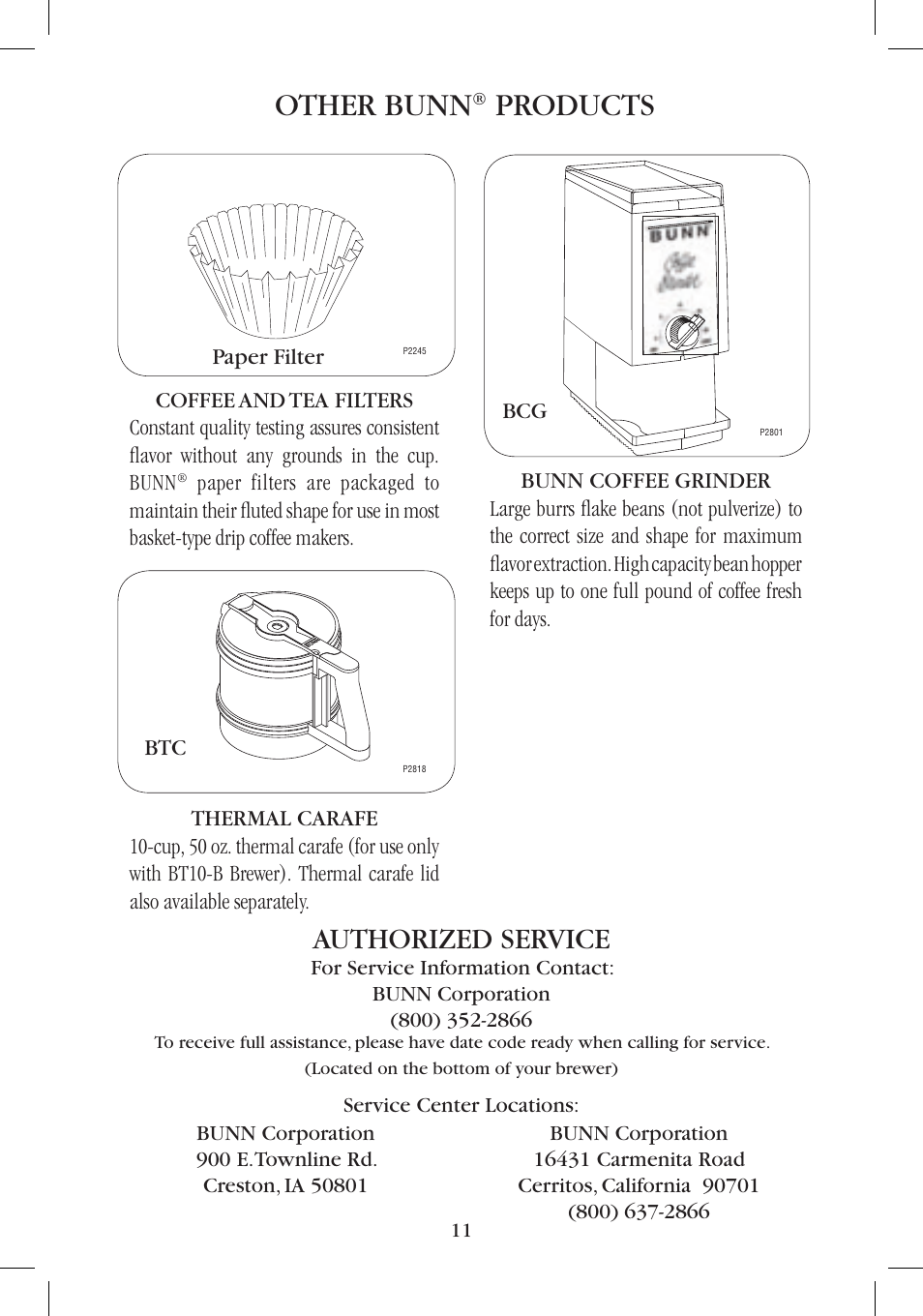 Other bunn, Products, Authorized service | Bunn BTC User Manual | Page 11 / 12