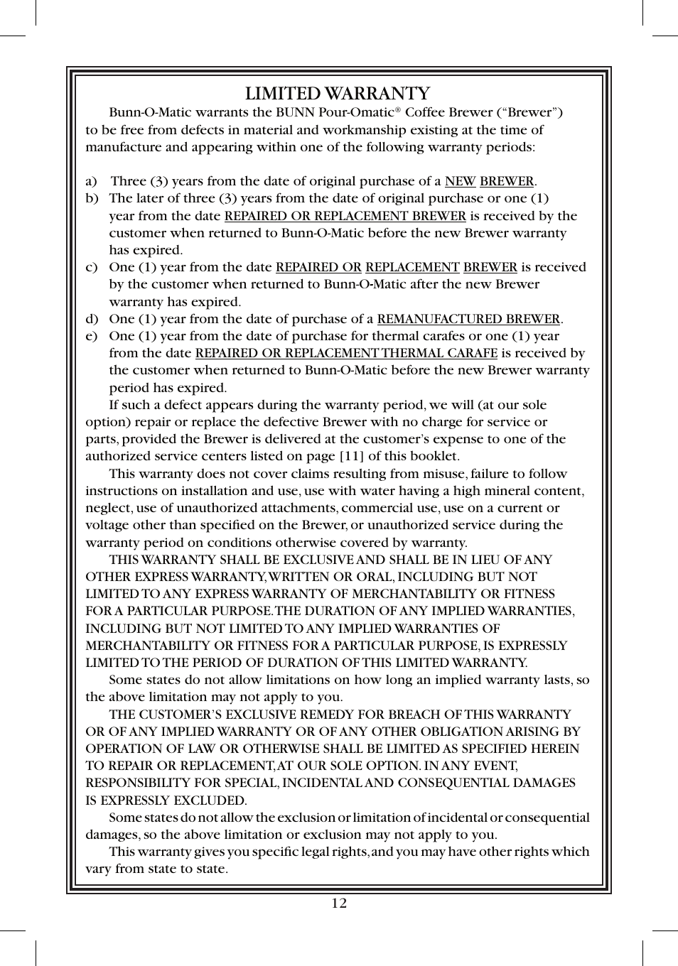 Limited warranty | Bunn BTC User Manual | Page 12 / 12