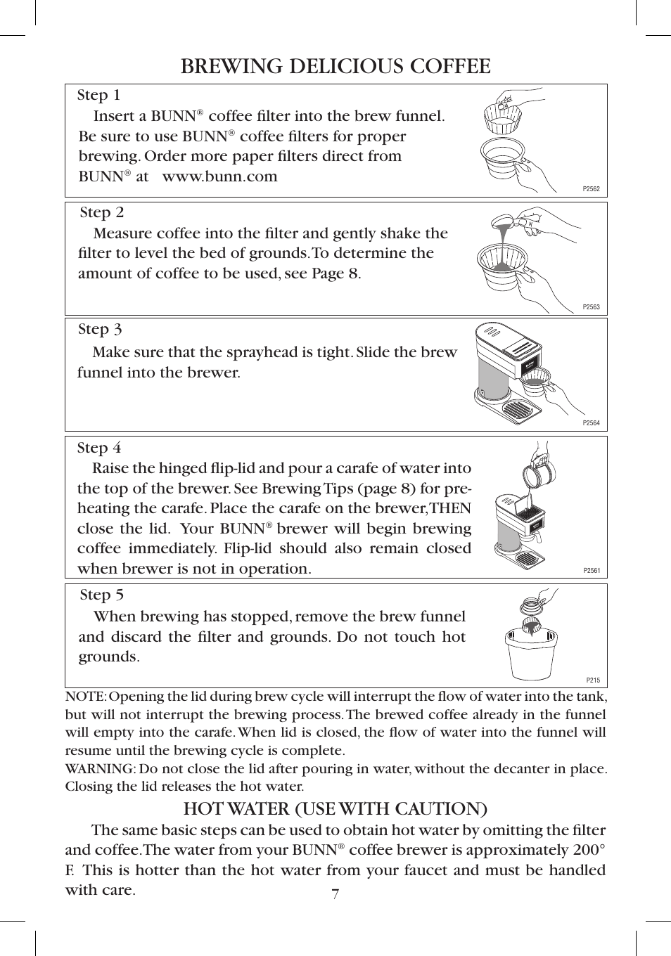 Brewing delicious coffee, Hot water (use with caution), Insert a bunn | Bunn BTC User Manual | Page 7 / 12