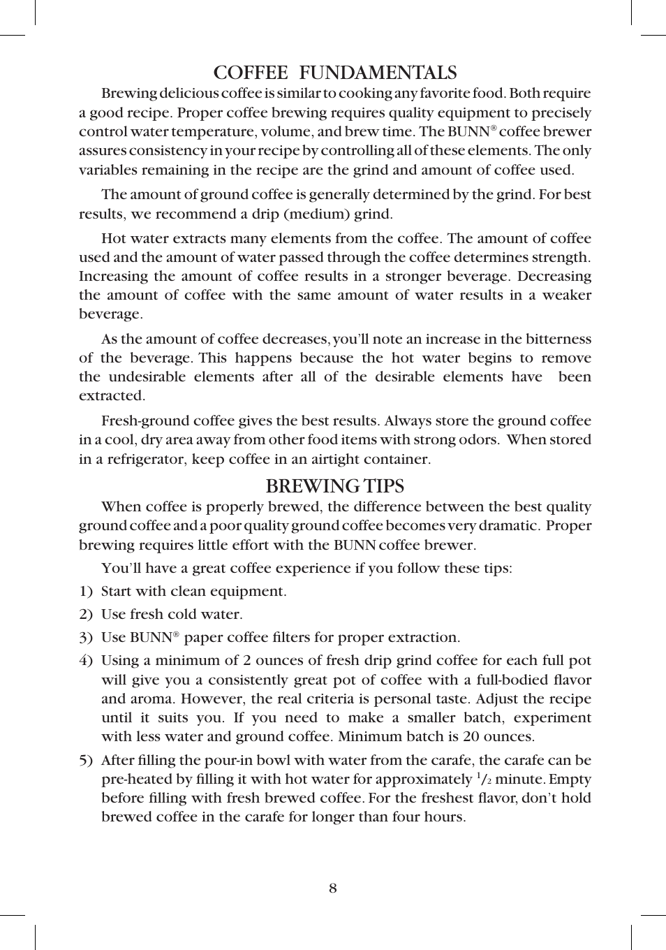 Coffee fundamentals, Brewing tips | Bunn BTC User Manual | Page 8 / 12