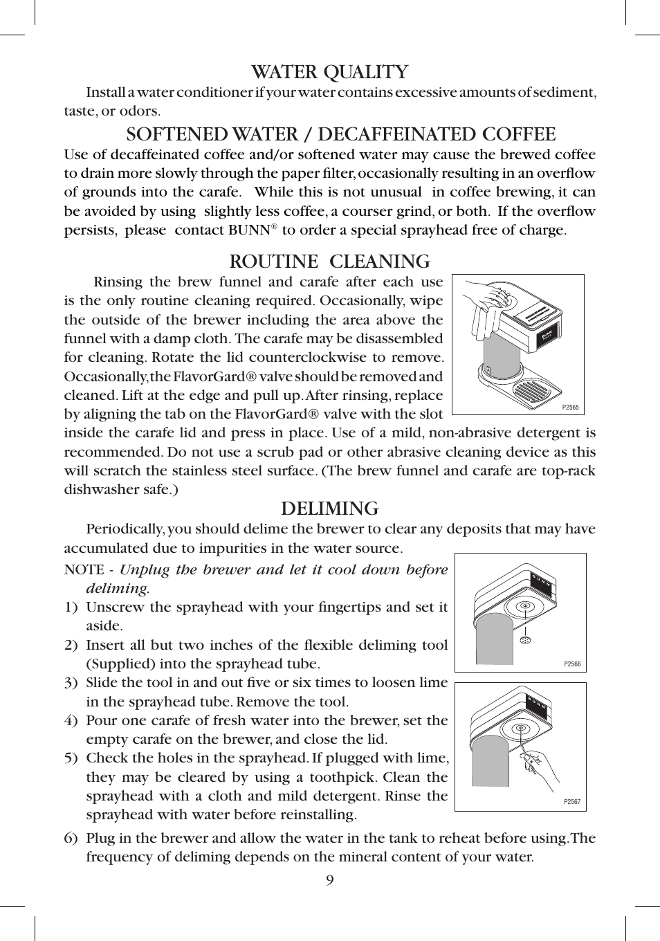 Deliming, Routine cleaning, Water quality | Softened water / decaffeinated coffee | Bunn BTC User Manual | Page 9 / 12