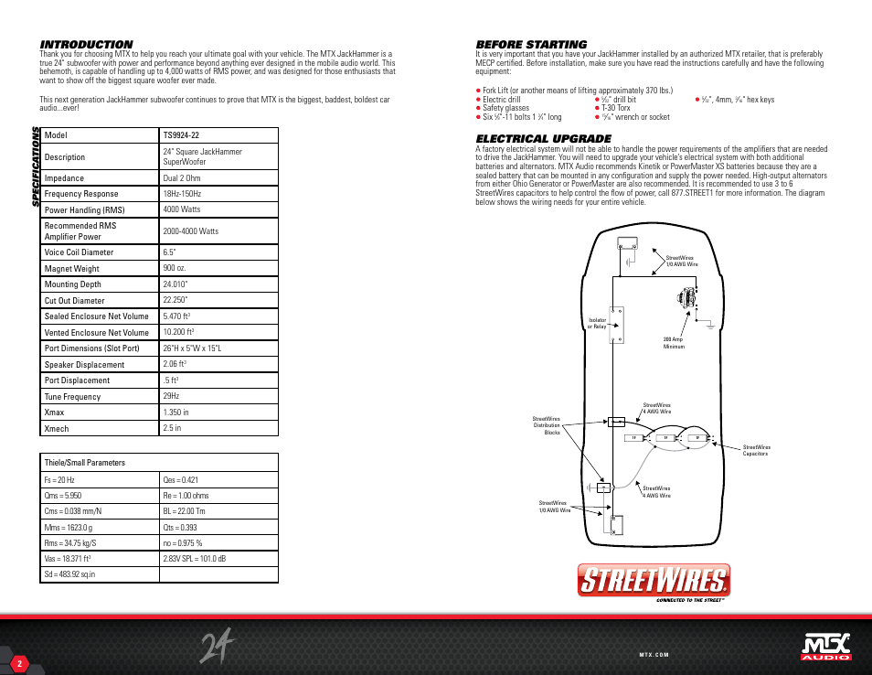 Introduction, Before starting, Electrical upgrade | MTX Audio JackHammer 24 4000W RMS Dual 2 Ohm SuperWoofer User Manual | Page 2 / 7