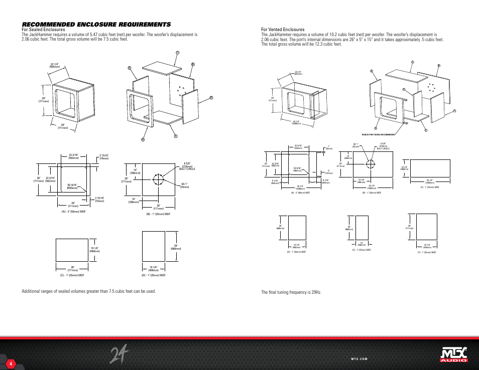 Recommended enclosure requirements | MTX Audio JackHammer 24 4000W RMS Dual 2 Ohm SuperWoofer User Manual | Page 3 / 7