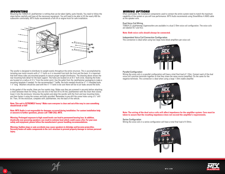 Scale 1.000, Wiring options, Mounting | MTX Audio JackHammer 24 4000W RMS Dual 2 Ohm SuperWoofer User Manual | Page 4 / 7