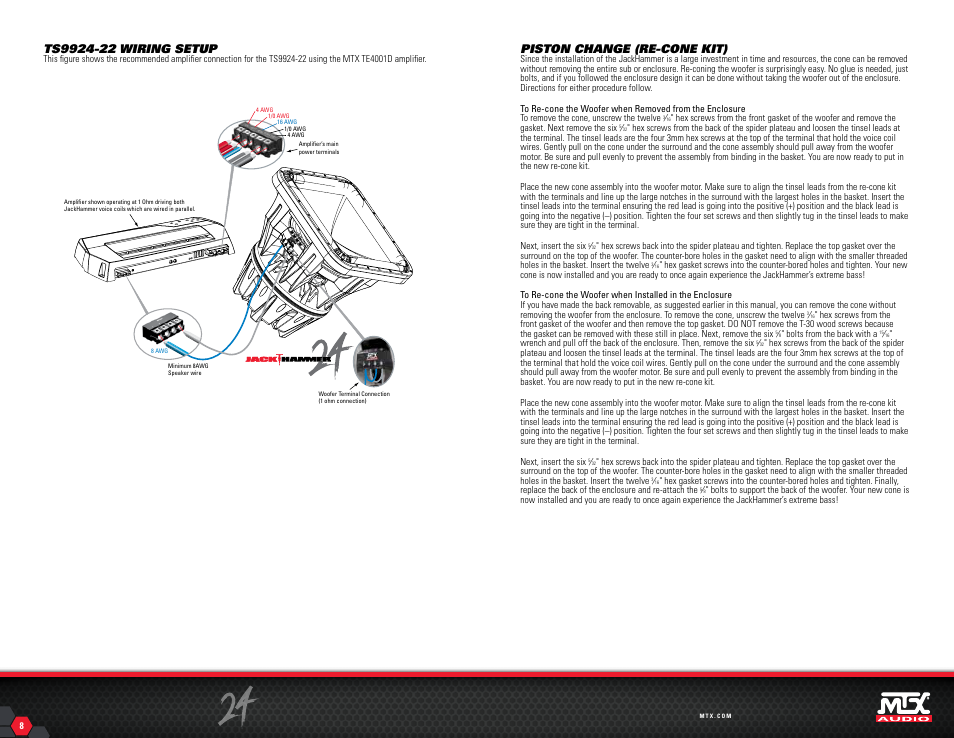 Piston change (re-cone kit) | MTX Audio JackHammer 24 4000W RMS Dual 2 Ohm SuperWoofer User Manual | Page 5 / 7