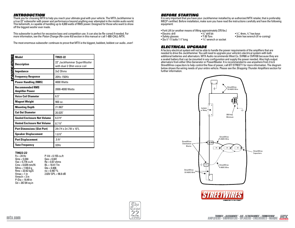 Introduction, Before starting, Electrical upgrade | MTX Audio JackHammer 22 4000W RMS Dual 2 Ohm SuperWoofer User Manual | Page 2 / 7