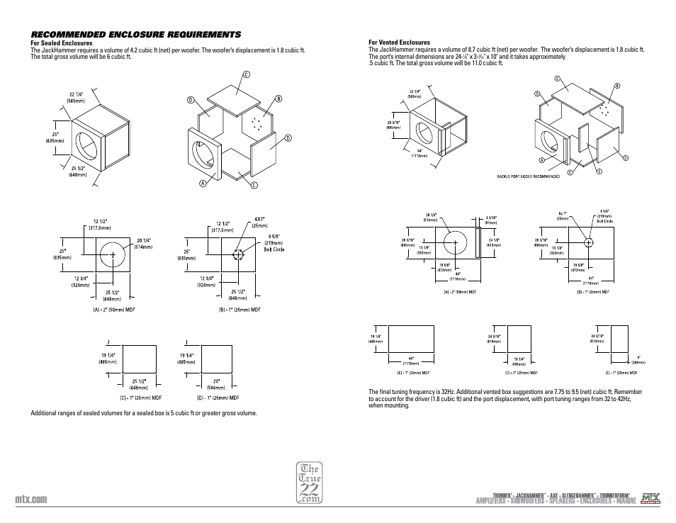 Recommended enclosure requirements | MTX Audio JackHammer 22 4000W RMS Dual 2 Ohm SuperWoofer User Manual | Page 3 / 7
