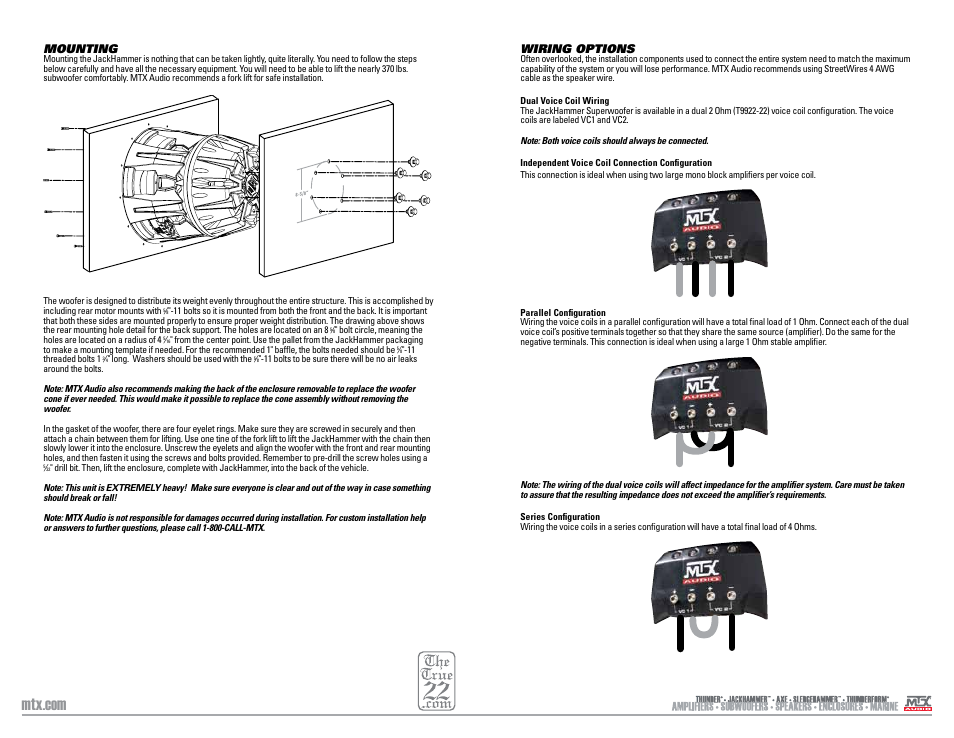 Wiring options, Mounting | MTX Audio JackHammer 22 4000W RMS Dual 2 Ohm SuperWoofer User Manual | Page 4 / 7