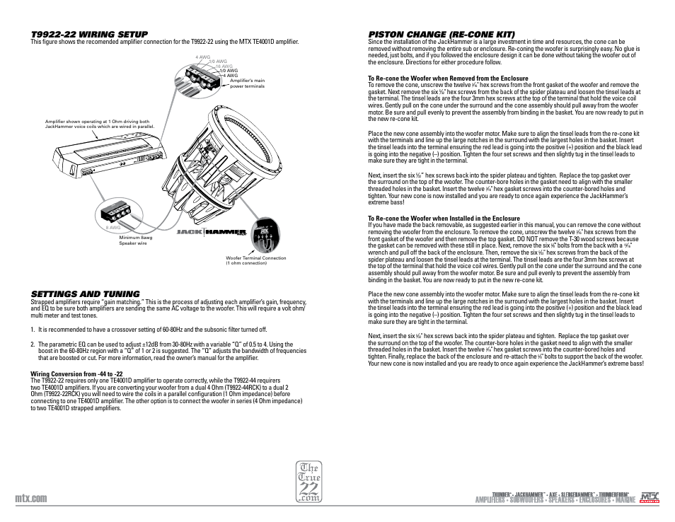 Piston change (re-cone kit), Settings and tuning | MTX Audio JackHammer 22 4000W RMS Dual 2 Ohm SuperWoofer User Manual | Page 5 / 7