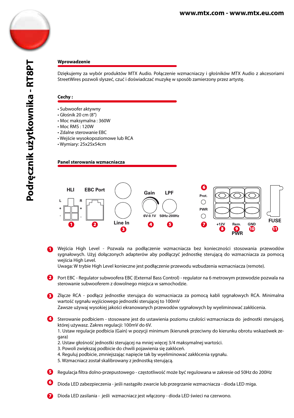 Po dr ęcznik uż ytk ownik a - rt8pt | MTX Audio RoadThunder RT8PT 8 120W RMS Amplified Vented Enclosure User Manual | Page 18 / 24
