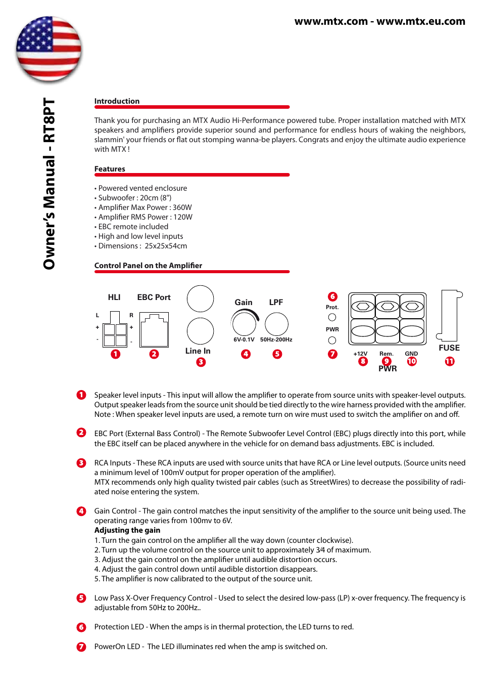 Owner ’s m anual - rt8pt | MTX Audio RoadThunder RT8PT 8 120W RMS Amplified Vented Enclosure User Manual | Page 2 / 24