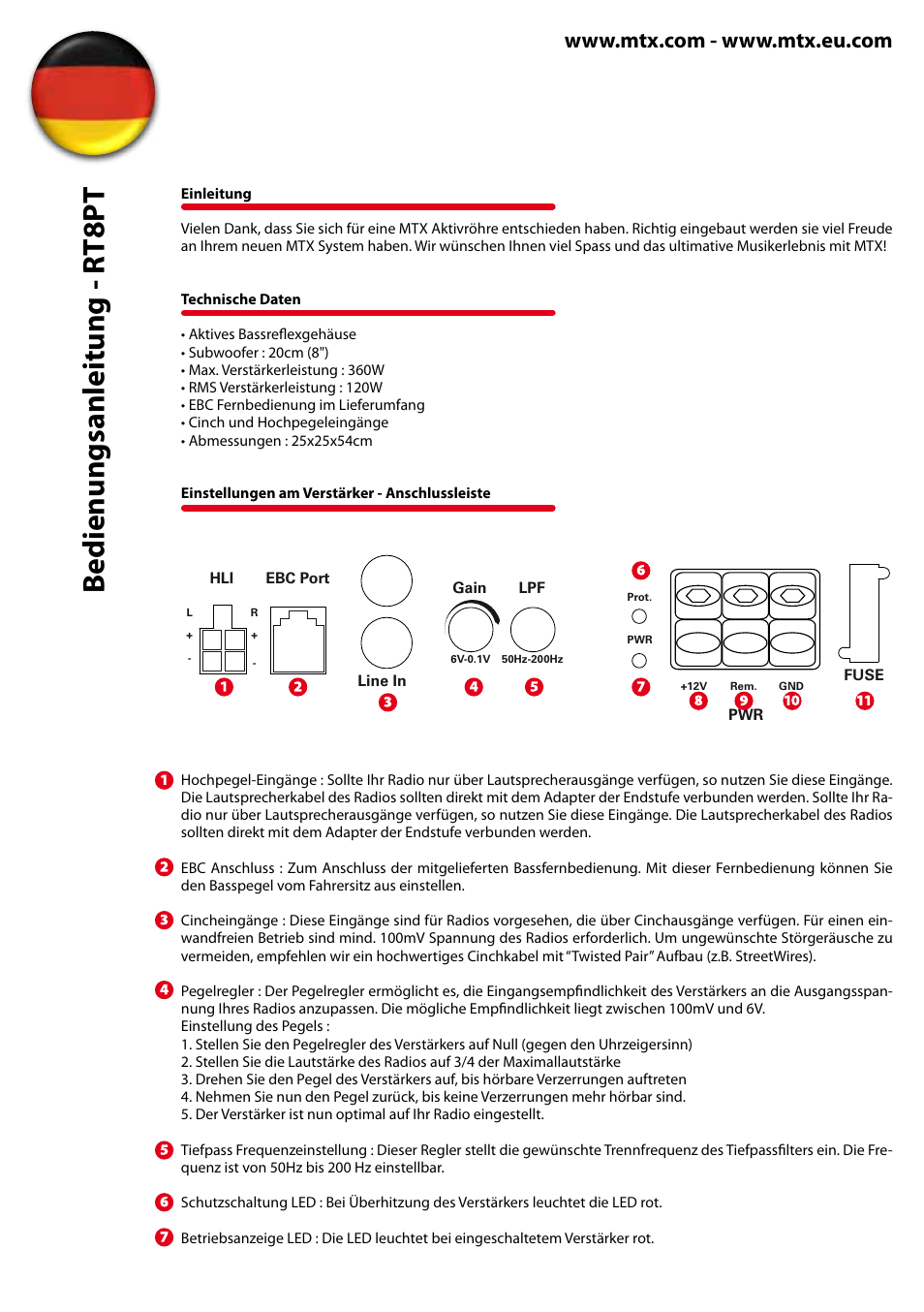 Bedienungsanleitung - rt8pt | MTX Audio RoadThunder RT8PT 8 120W RMS Amplified Vented Enclosure User Manual | Page 8 / 24