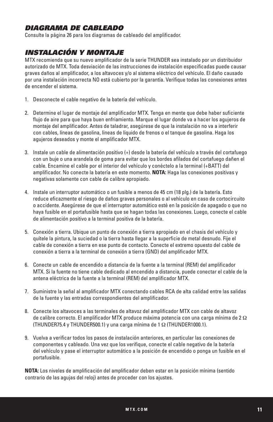 Diagrama de cableado, Instalación y montaje | MTX Audio THUNDER Series THUNDER1000-1 1000W RMS Mono Block Class D Amplifier User Manual | Page 11 / 32