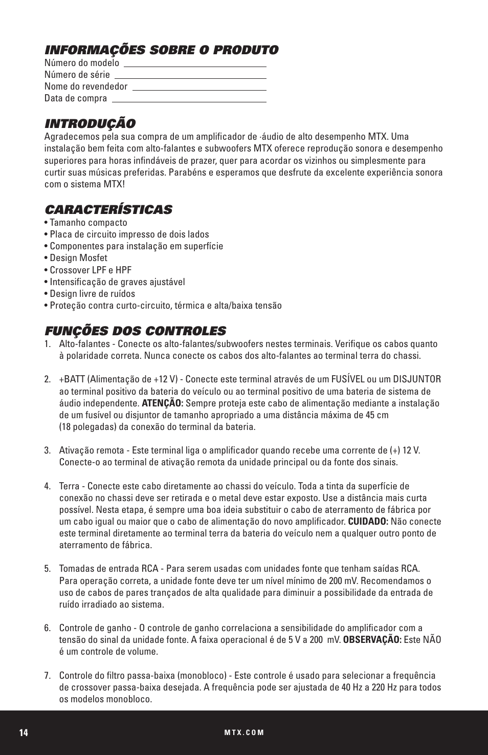 Informações sobre o produto, Introdução, Características | Funções dos controles | MTX Audio THUNDER Series THUNDER1000-1 1000W RMS Mono Block Class D Amplifier User Manual | Page 14 / 32