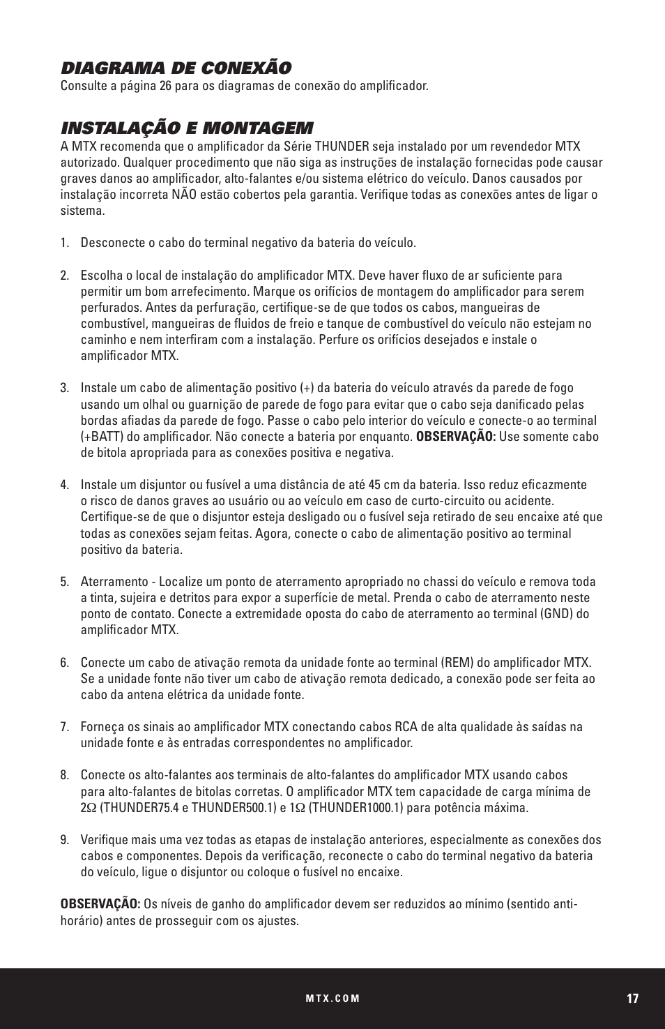 Diagrama de conexão, Instalação e montagem | MTX Audio THUNDER Series THUNDER1000-1 1000W RMS Mono Block Class D Amplifier User Manual | Page 17 / 32