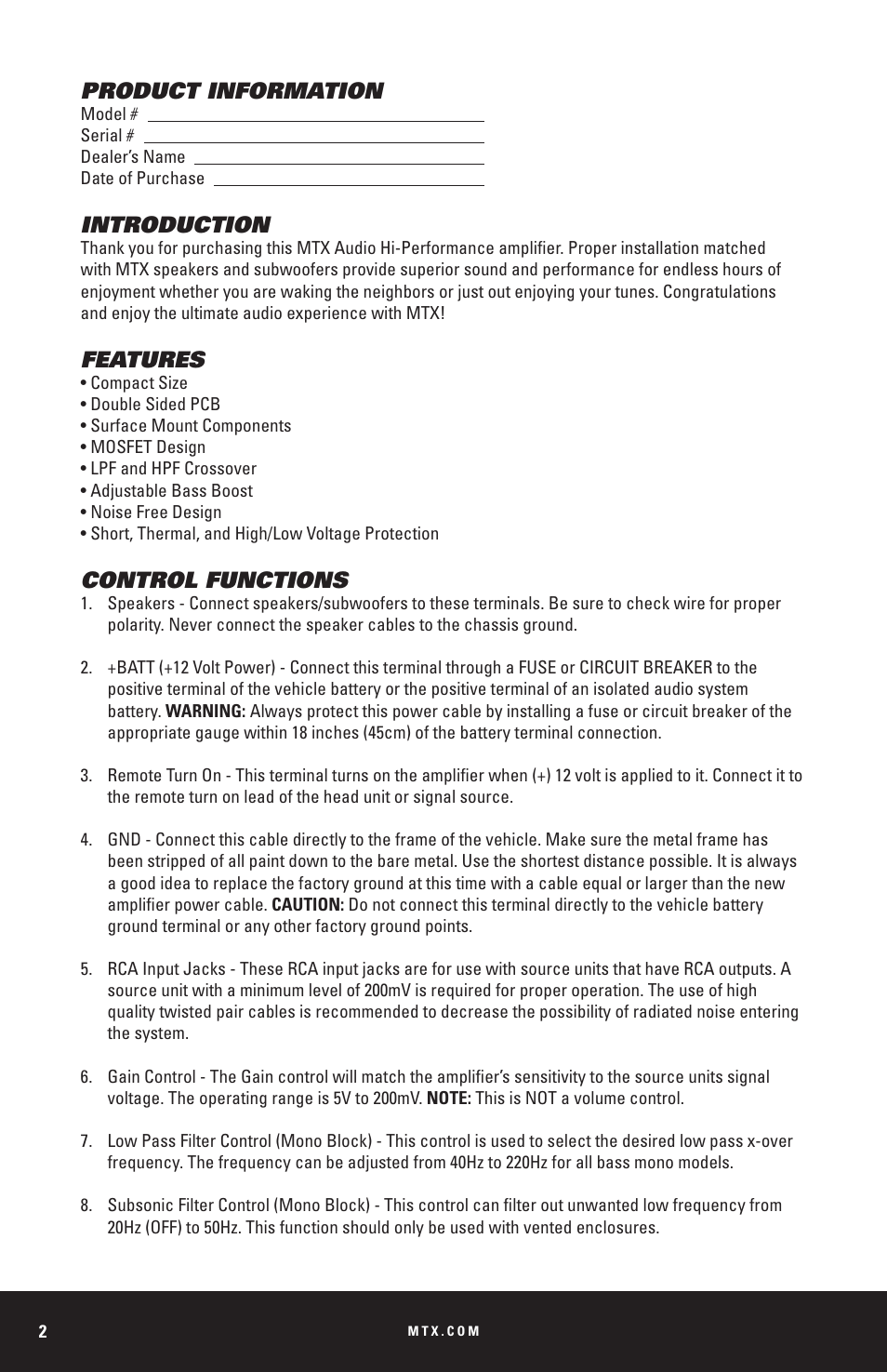 Product information, Introduction, Features | Control functions | MTX Audio THUNDER Series THUNDER1000-1 1000W RMS Mono Block Class D Amplifier User Manual | Page 2 / 32