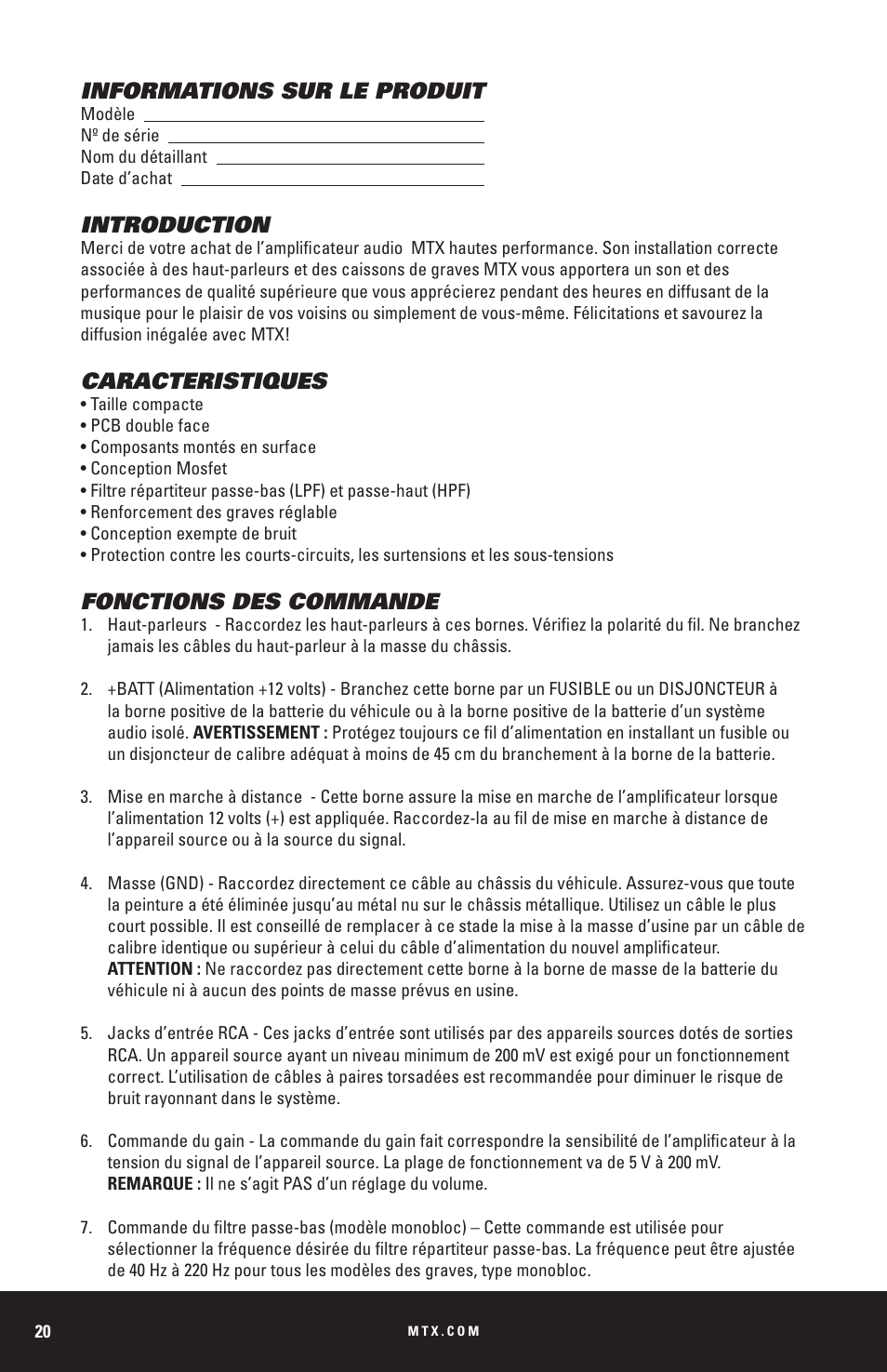 Informations sur le produit, Introduction, Caracteristiques | Fonctions des commande | MTX Audio THUNDER Series THUNDER1000-1 1000W RMS Mono Block Class D Amplifier User Manual | Page 20 / 32