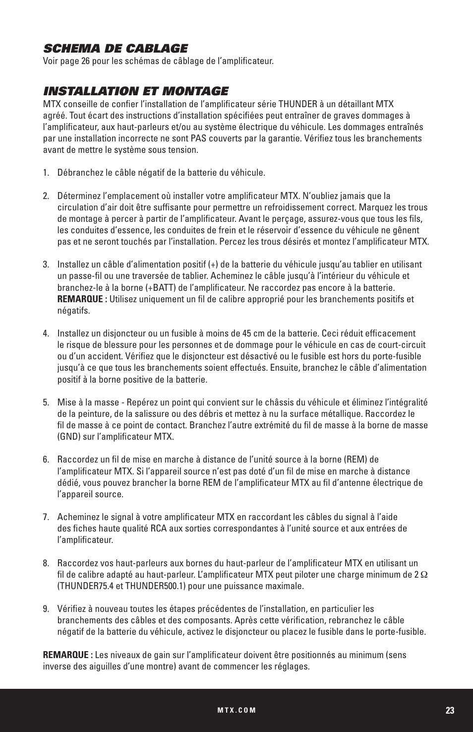 Schema de cablage, Installation et montage | MTX Audio THUNDER Series THUNDER1000-1 1000W RMS Mono Block Class D Amplifier User Manual | Page 23 / 32