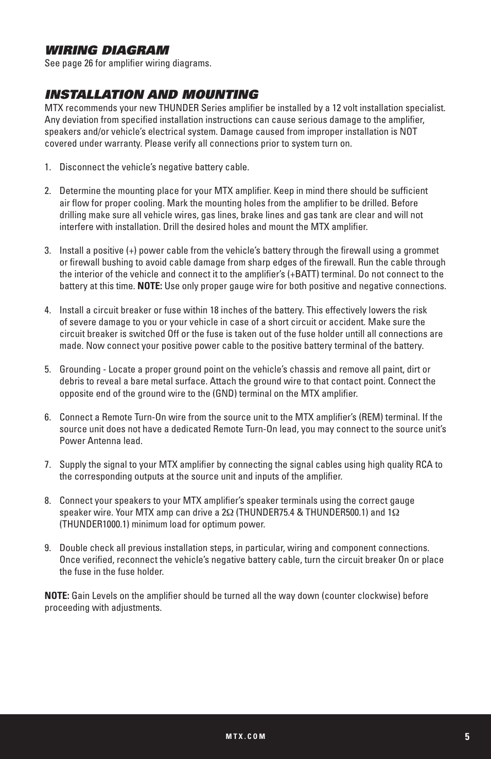 Wiring diagram, Installation and mounting | MTX Audio THUNDER Series THUNDER1000-1 1000W RMS Mono Block Class D Amplifier User Manual | Page 5 / 32