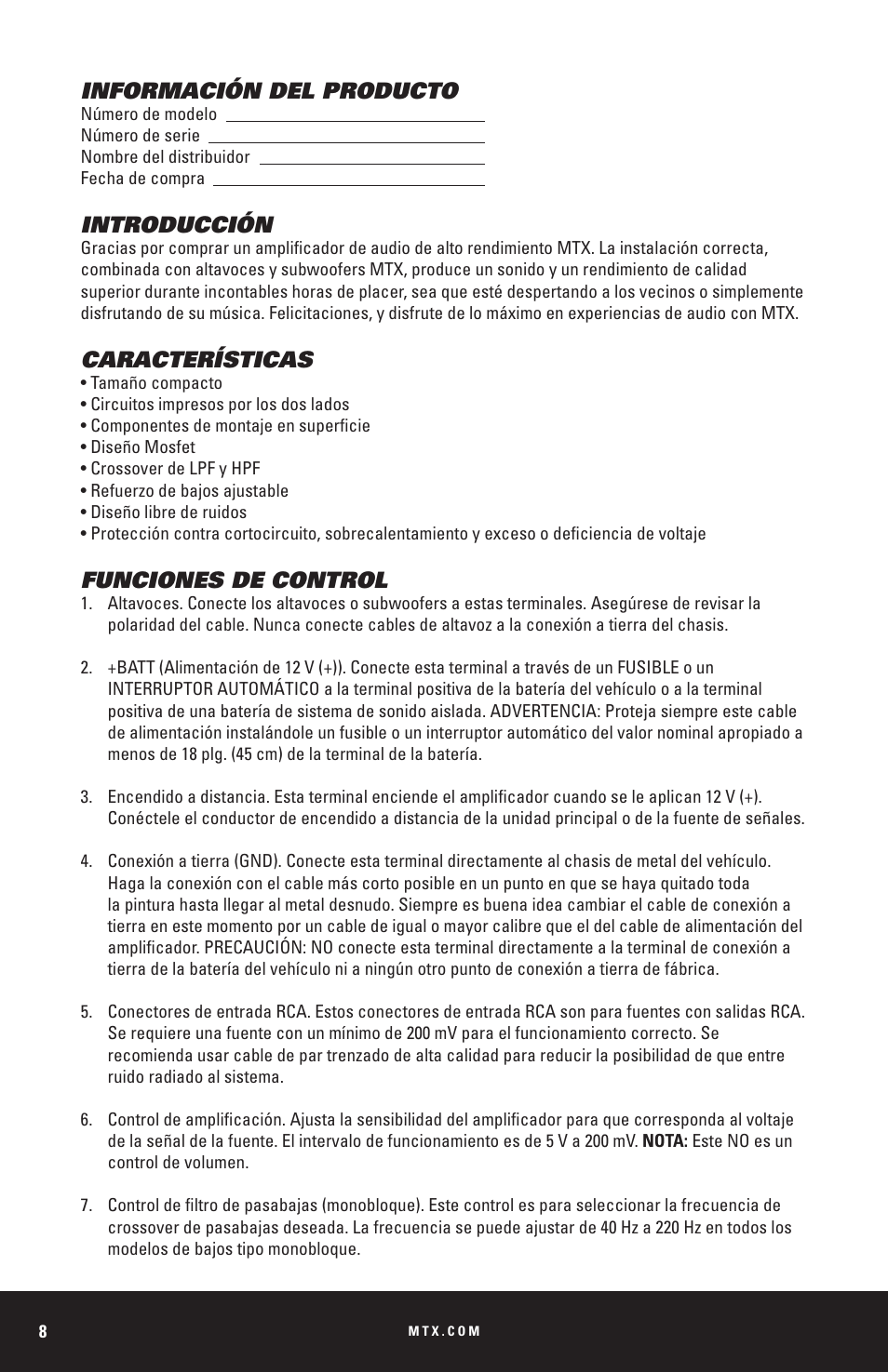 Información del producto, Introducción, Características | Funciones de control | MTX Audio THUNDER Series THUNDER1000-1 1000W RMS Mono Block Class D Amplifier User Manual | Page 8 / 32