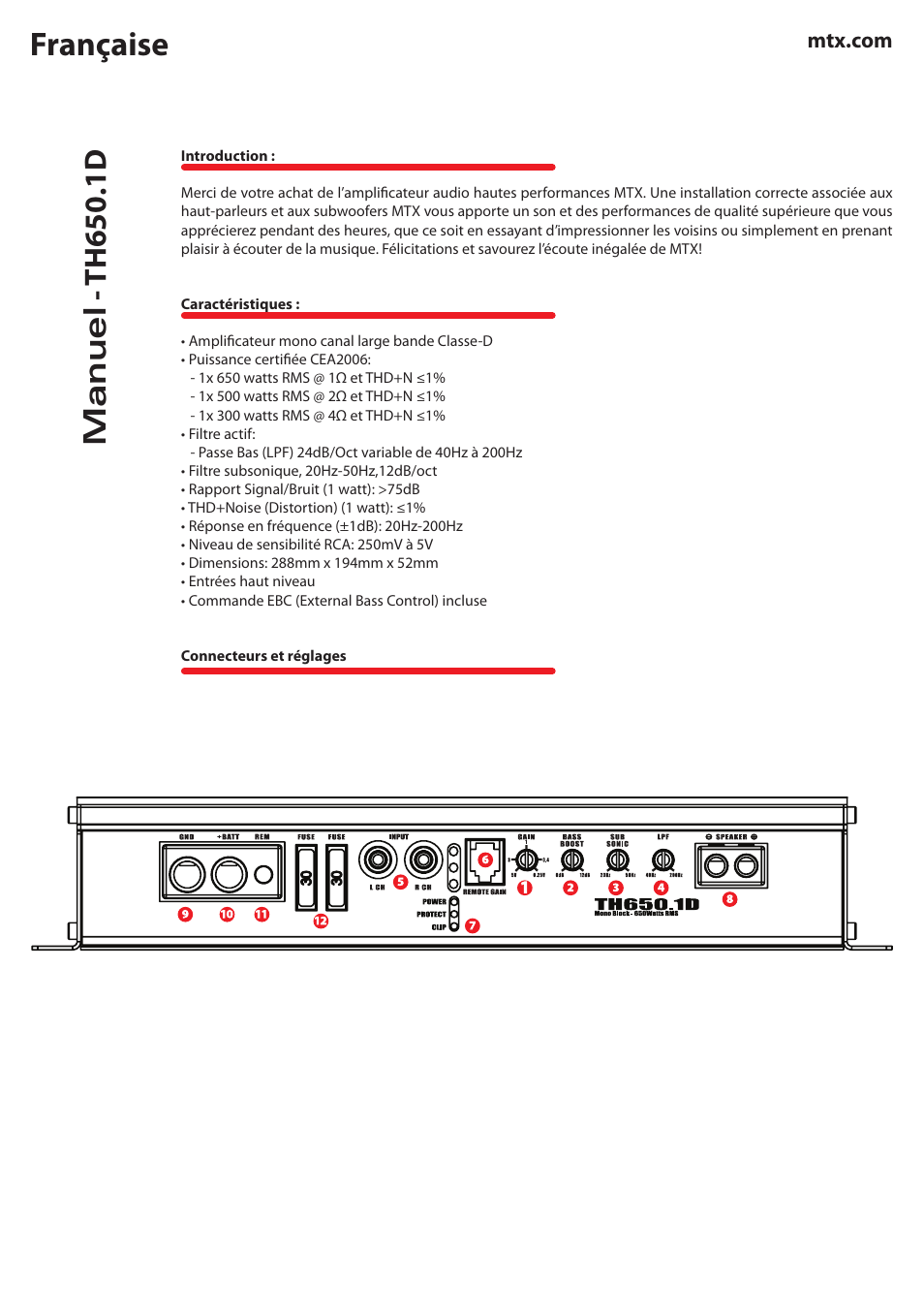 Française, Manuel - th650.1d | MTX Audio TH Series TH650-1D 650W RMS Mono Block Class D Amplifier User Manual | Page 10 / 20