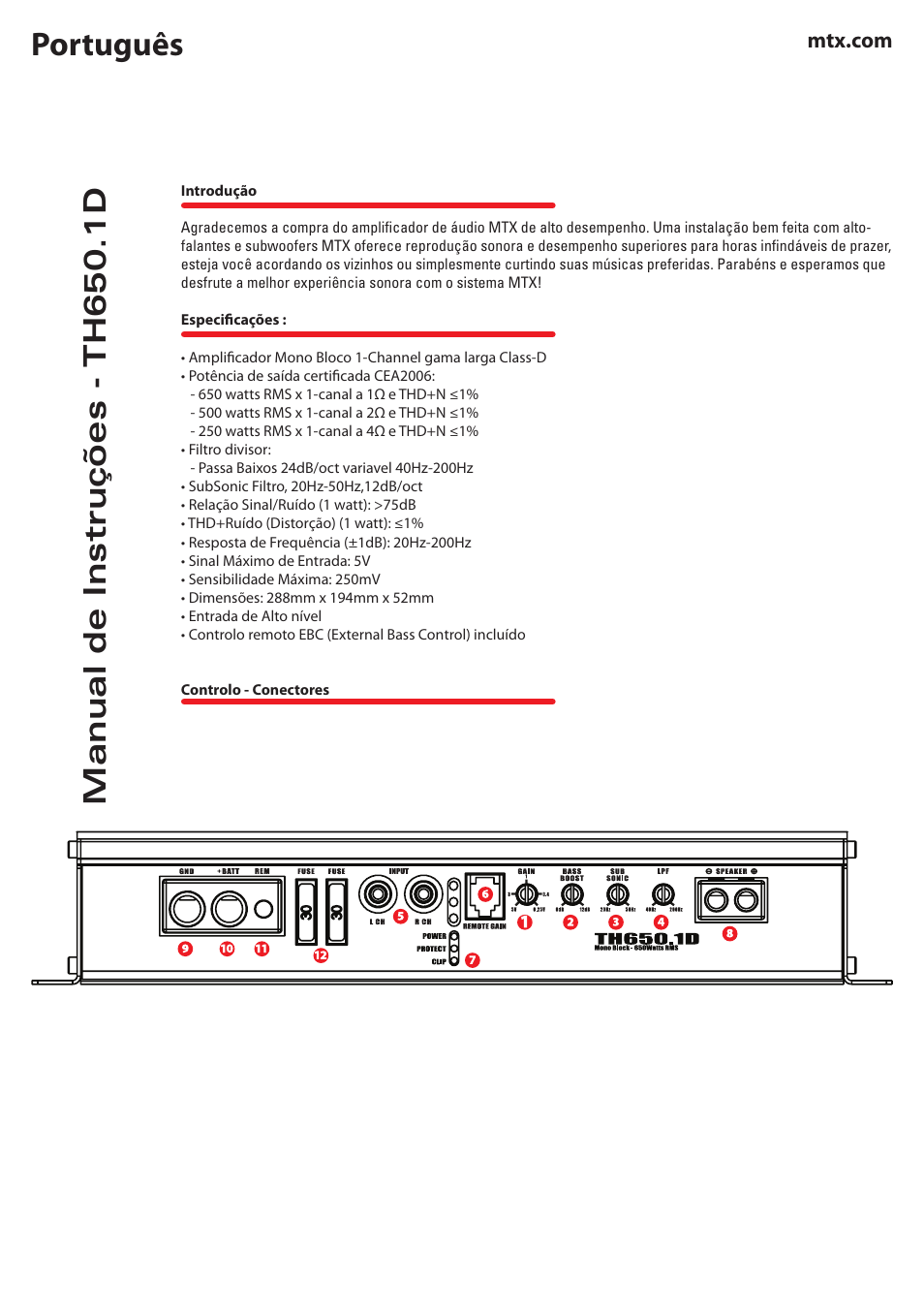 Português, Manual de instruções - th650.1d | MTX Audio TH Series TH650-1D 650W RMS Mono Block Class D Amplifier User Manual | Page 14 / 20