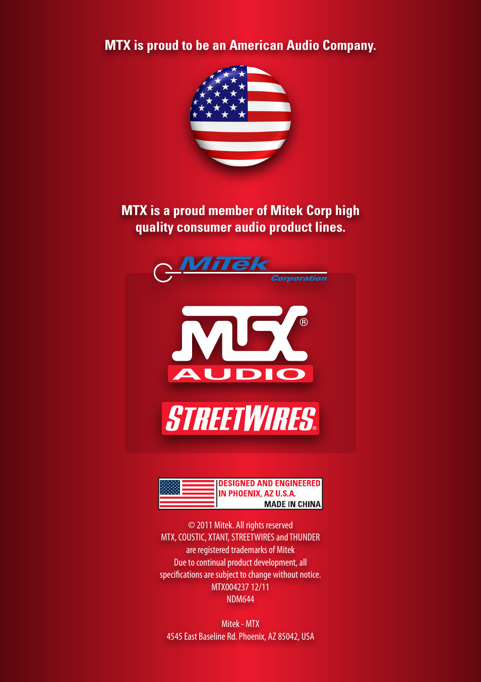 Mtx is proud to be an american audio company | MTX Audio TH Series TH650-1D 650W RMS Mono Block Class D Amplifier User Manual | Page 20 / 20