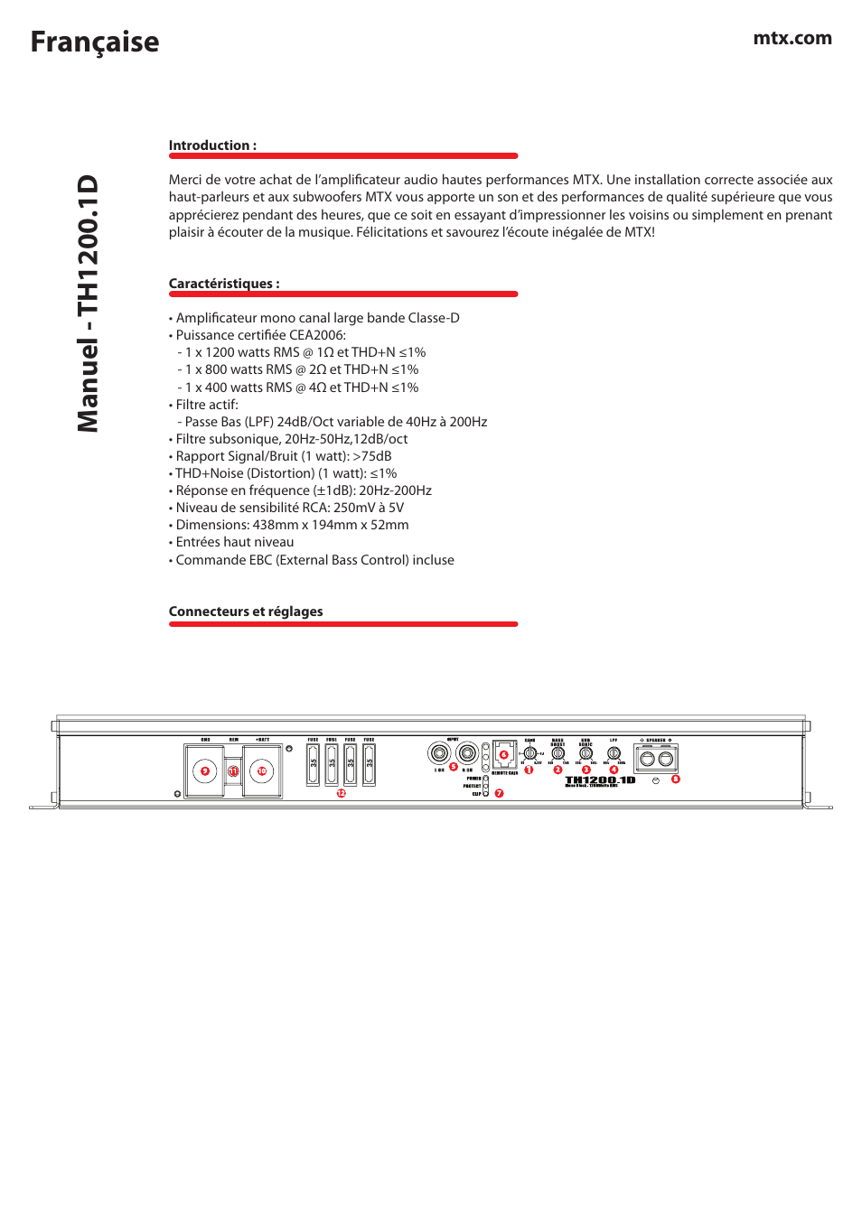 Française | MTX Audio TH Series TH1200-1D 1200W RMS Mono Block Class D Amplifier User Manual | Page 10 / 20