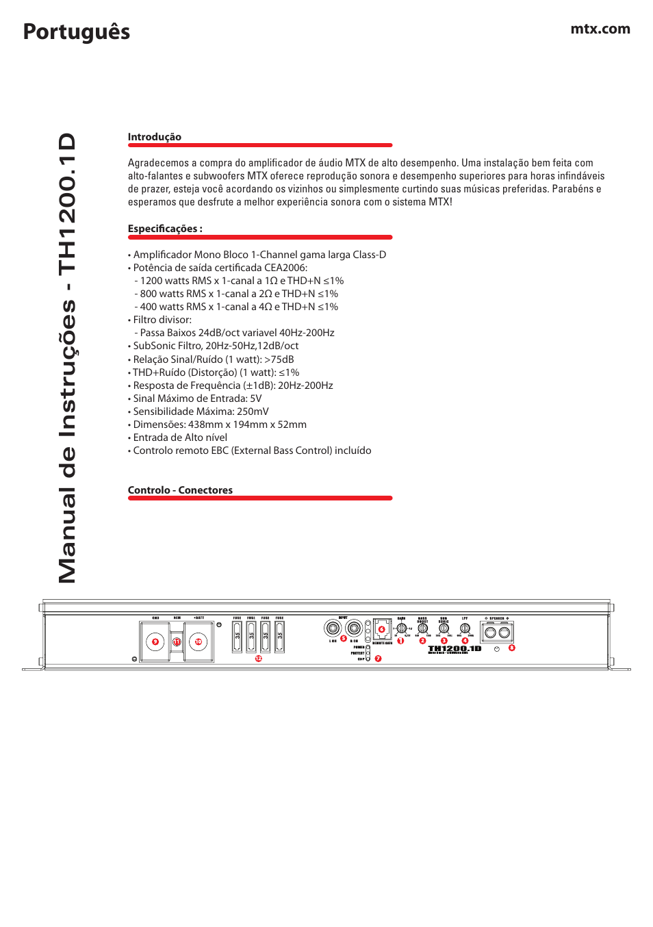 Português | MTX Audio TH Series TH1200-1D 1200W RMS Mono Block Class D Amplifier User Manual | Page 14 / 20