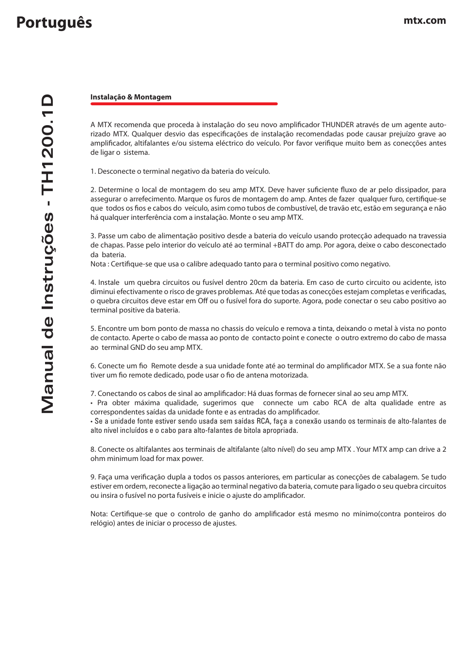 Português | MTX Audio TH Series TH1200-1D 1200W RMS Mono Block Class D Amplifier User Manual | Page 16 / 20
