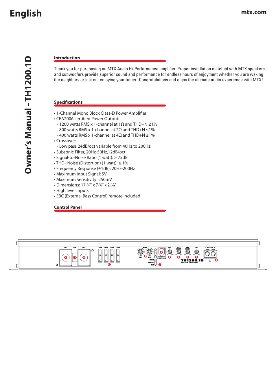 English | MTX Audio TH Series TH1200-1D 1200W RMS Mono Block Class D Amplifier User Manual | Page 2 / 20