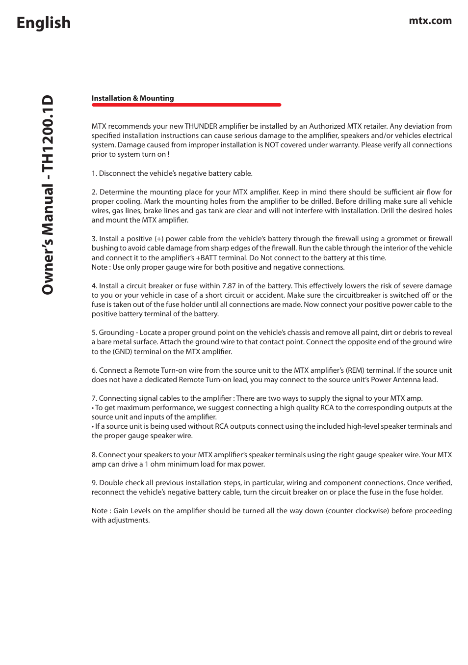 English | MTX Audio TH Series TH1200-1D 1200W RMS Mono Block Class D Amplifier User Manual | Page 4 / 20