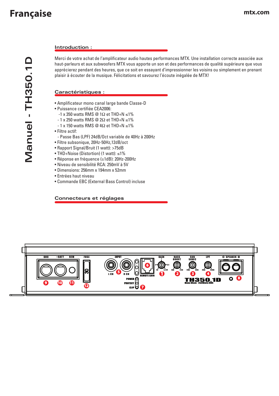 Française, Manuel - th350.1d | MTX Audio TH Series TH350-1D 350W RMS Mono Block Class D Amplifier User Manual | Page 10 / 20