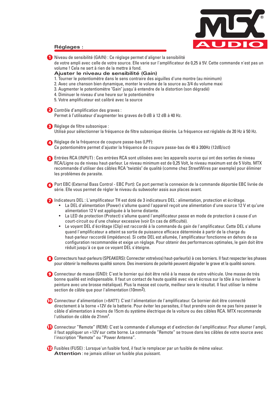 MTX Audio TH Series TH350-1D 350W RMS Mono Block Class D Amplifier User Manual | Page 11 / 20