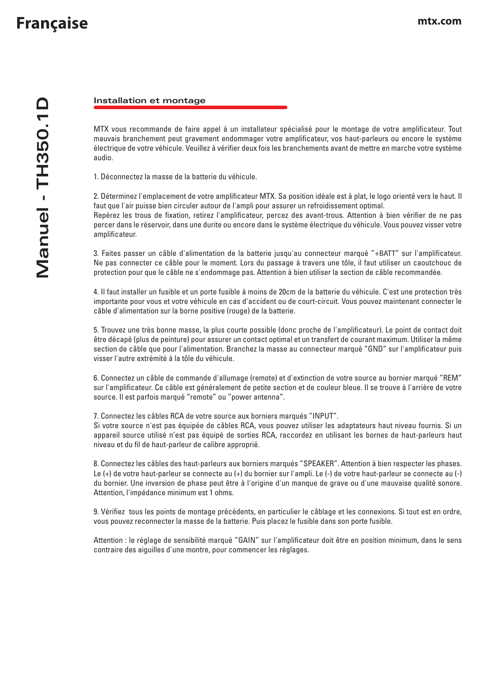 Française, Manuel - th350.1d | MTX Audio TH Series TH350-1D 350W RMS Mono Block Class D Amplifier User Manual | Page 12 / 20