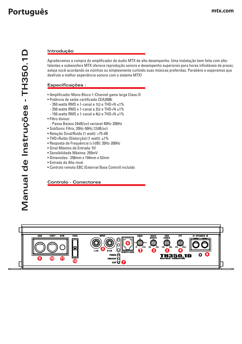 Português, Manual de instruções - th350.1d | MTX Audio TH Series TH350-1D 350W RMS Mono Block Class D Amplifier User Manual | Page 14 / 20