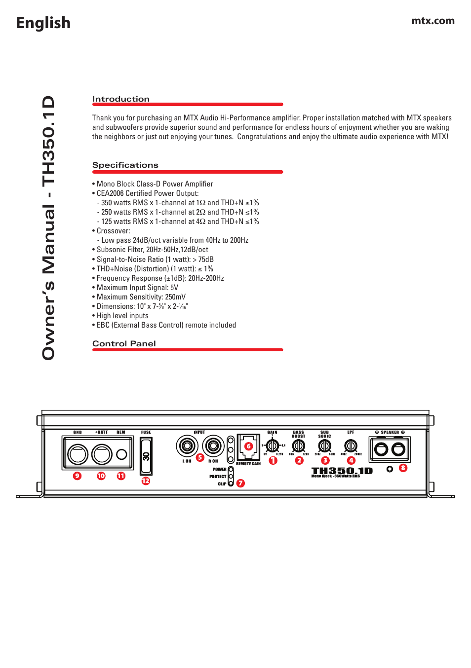 English, Owner’ s manual - th350.1d | MTX Audio TH Series TH350-1D 350W RMS Mono Block Class D Amplifier User Manual | Page 2 / 20