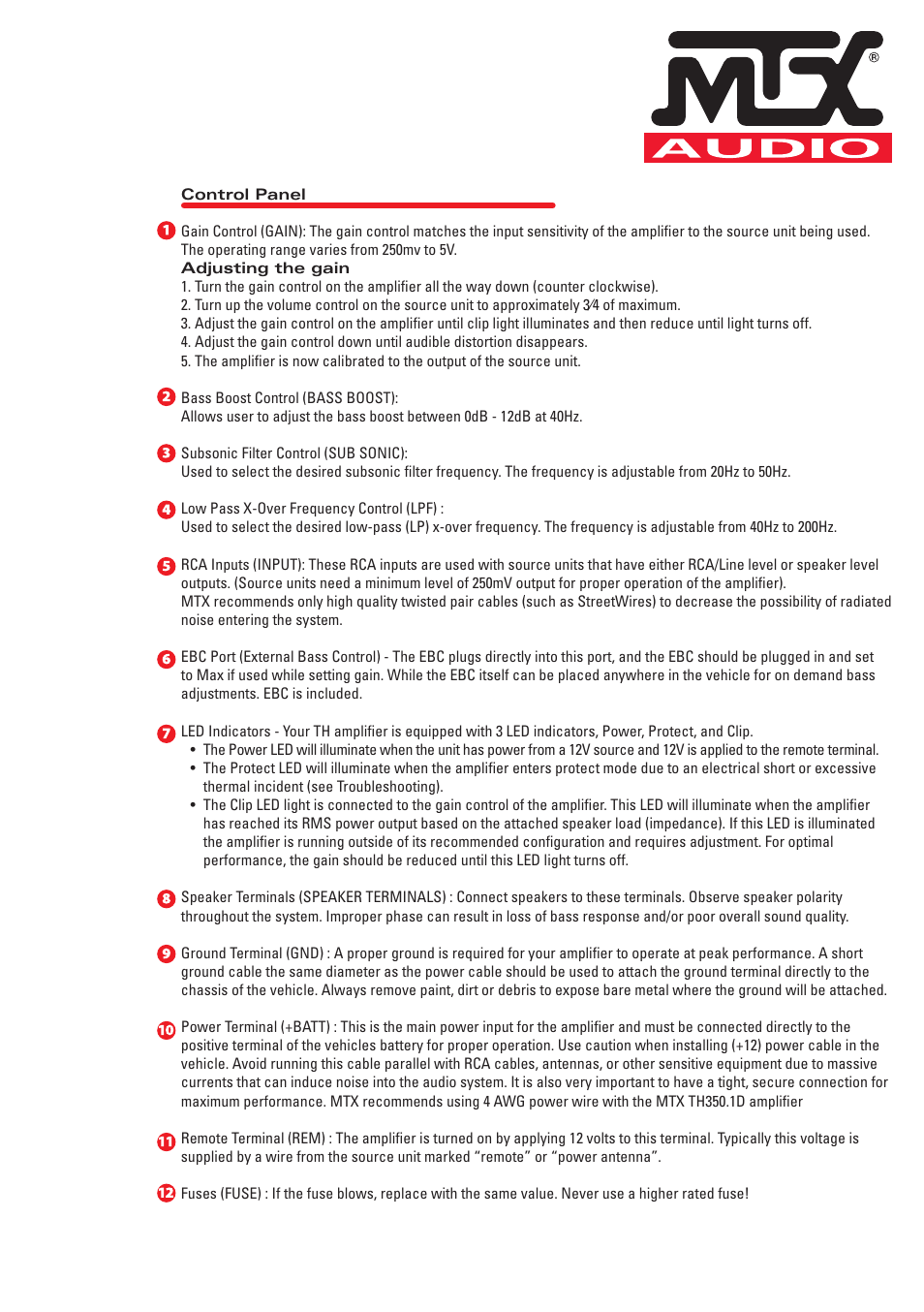 MTX Audio TH Series TH350-1D 350W RMS Mono Block Class D Amplifier User Manual | Page 3 / 20