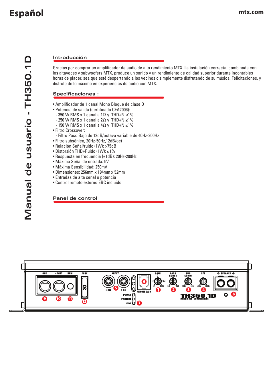 Español, Manual de usuario - th350.1d | MTX Audio TH Series TH350-1D 350W RMS Mono Block Class D Amplifier User Manual | Page 6 / 20