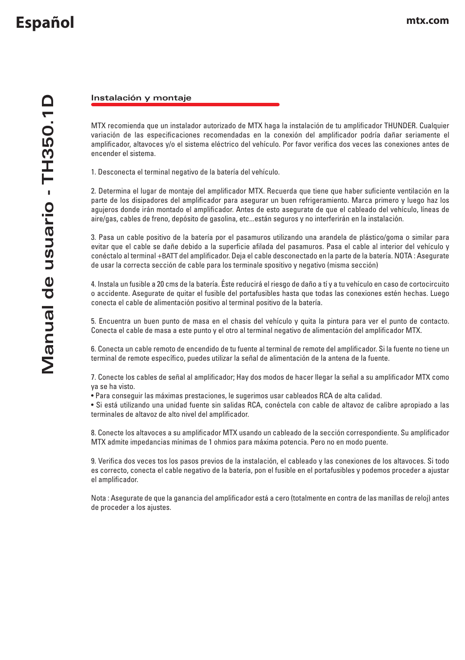 Español, Manual de usuario - th350.1d | MTX Audio TH Series TH350-1D 350W RMS Mono Block Class D Amplifier User Manual | Page 8 / 20